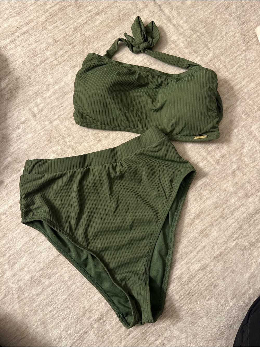 High-Waist Ribbed Olive Green Bikini Set - Women Swim